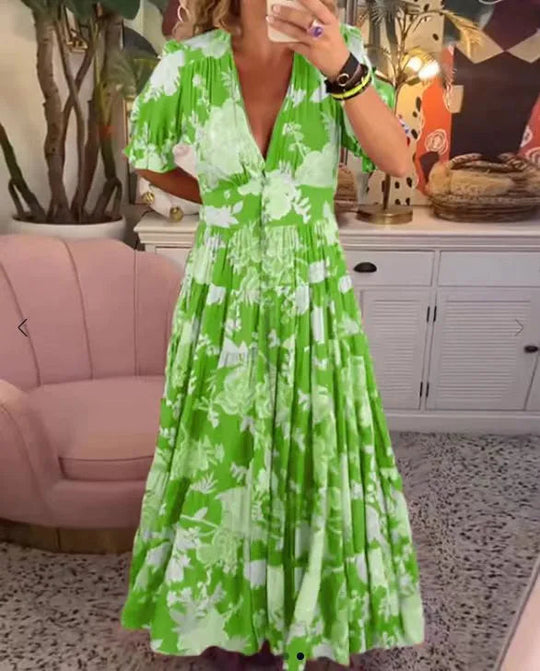 Varmt salg💃V-hals Blomster Løs Maxikjole