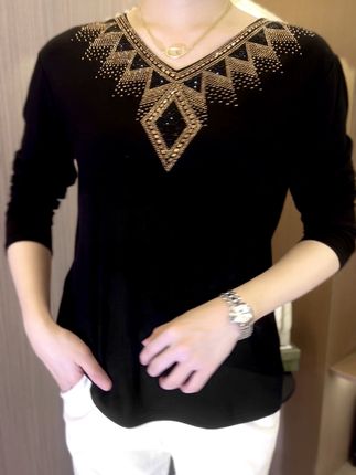 🔥2025 Quality Winter Rhinestone Velvet Long Sleeve T Shirt