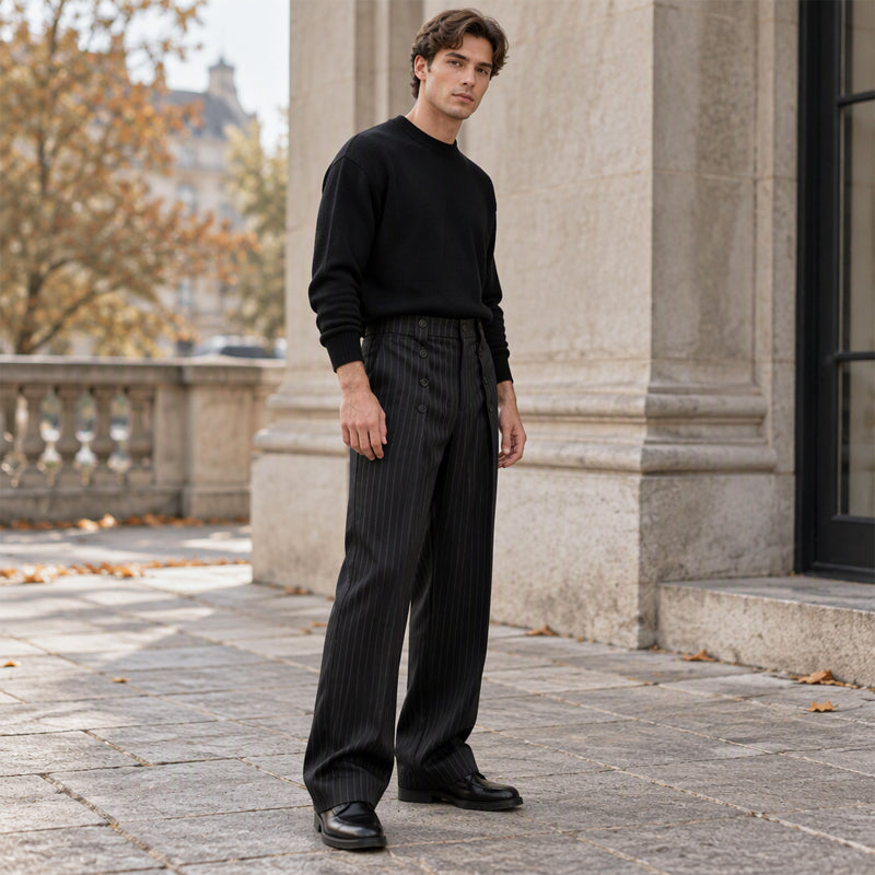 💼 Tailored Waist, Effortless Drape | Men's Double-Breasted High-Waist Pants