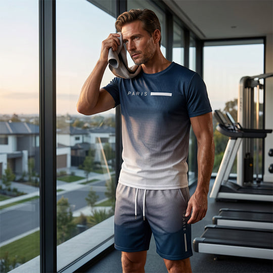 🌈👕 Men's Gradient Color 2-Piece Set – T-Shirt & Shorts, Breathable, Relaxed Fit 🩳