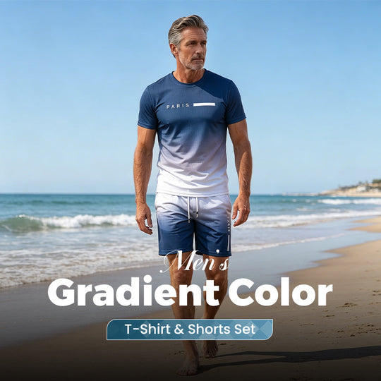 🌈👕 Men's Gradient Color 2-Piece Set – T-Shirt & Shorts, Breathable, Relaxed Fit 🩳