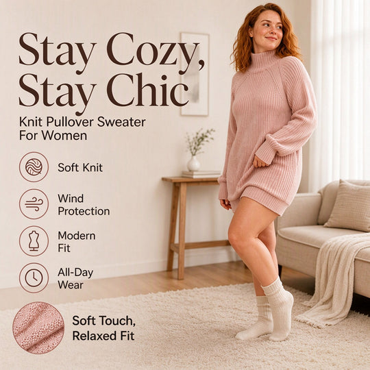 🧶 Cozy High Neck, Flattering Relaxed Drape | Women's Knit Sweater Dress