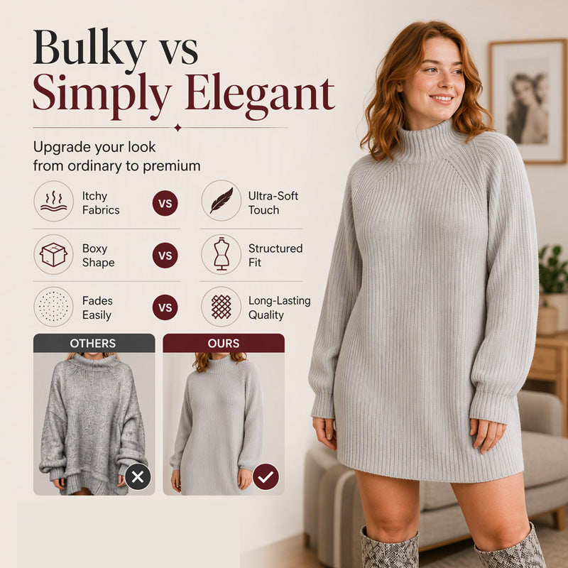🧶 Cozy High Neck, Flattering Relaxed Drape | Women's Knit Sweater Dress