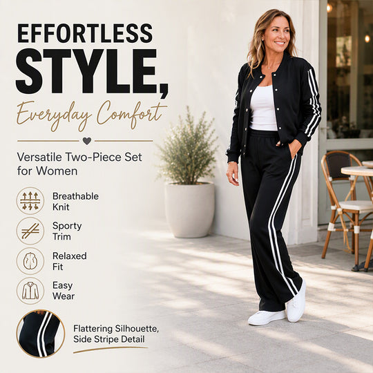 ✨ Sporty Meets Polished | Women’s Contrast-Stripe Wide-Leg 2-Piece Set