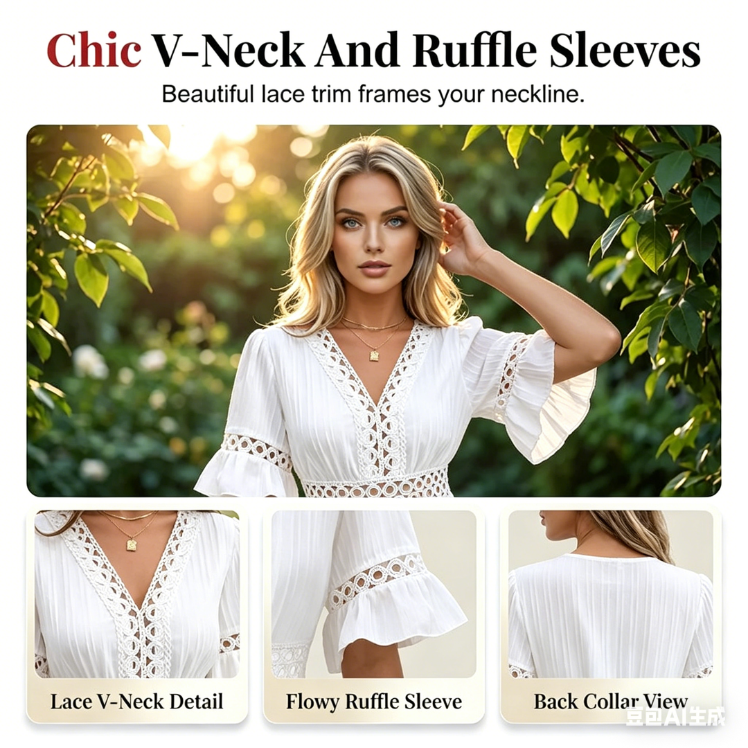 🌸Chic V-Neck Dress with Lace Cutout Details✨ Step Into Summer In Style