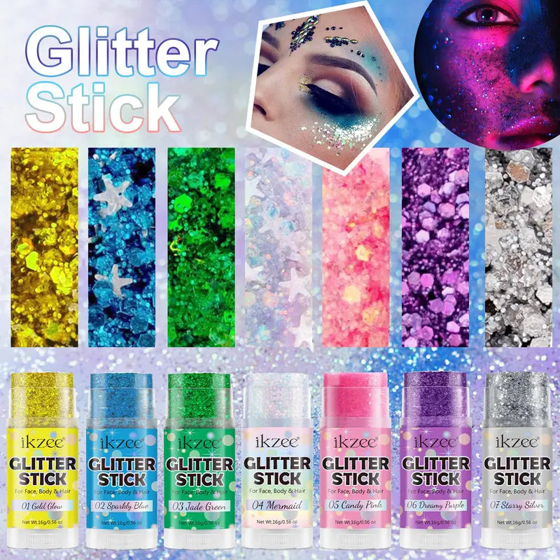 Ikzee Glitter Stick, Body Glitter Gel for Face and Hair, Shimmering Mermaid Glitter with Chameleon Effect and Large Particles, Glowing Body Glitter Cosmetic, Festival Party Makeup Accessory