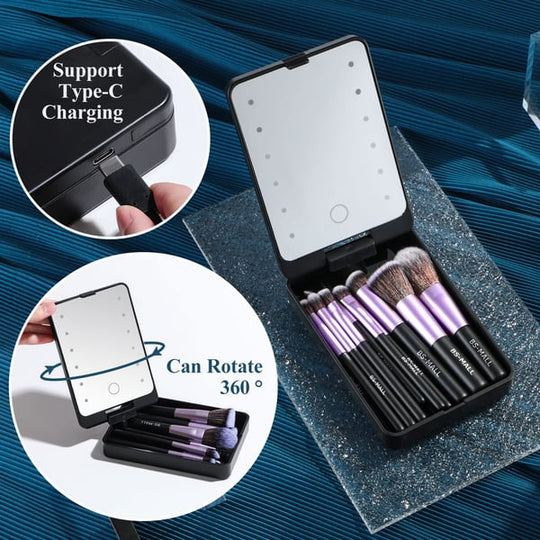 🔥 Gran venta 50% de descuento🌈Juego de brochas de maquillaje de viaje con espejo con luz LED