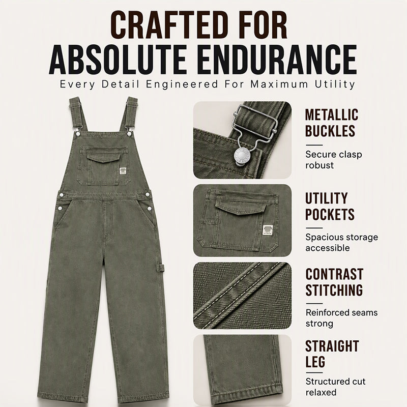 Men's Heavyweight Cotton Denim Overalls Relaxed Fit Straight Leg Dungarees with Multi Pocket Utility