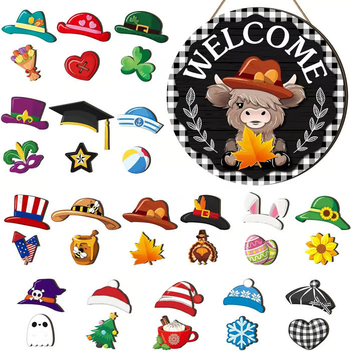 🐇 Osterangebot💥Willkommensschild mit austauschbarem Highland-Kuh-Motiv, Magnetverschluss, abnehmbare Hüte, niedliches Rinder-Anhänger