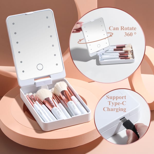 🔥 Gran venta 50% de descuento🌈Juego de brochas de maquillaje de viaje con espejo con luz LED