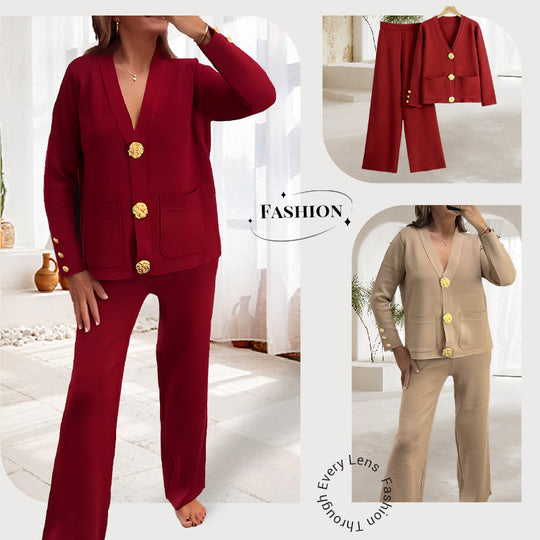 Gold Button Soft Knit Trouser Co-Ord