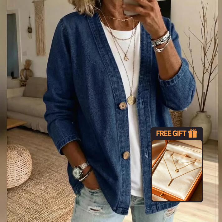 🧥 60% OFF NOW! ✨ Women's Classic Button Front Denim Jacket – V-Neck, Breathable Fabric & Relaxed Fit 💙