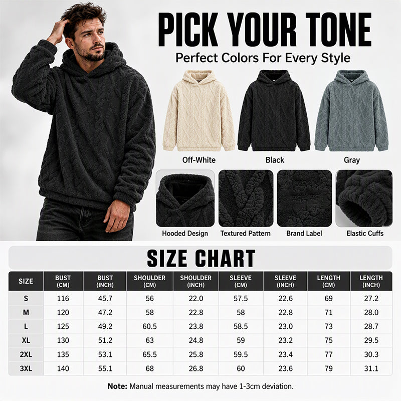 Men's Winter Fodrad Lined Hoodie Jacquard Pattern Long Sleeve Pullover Sweatshirt for Casual Outdoor Wear
