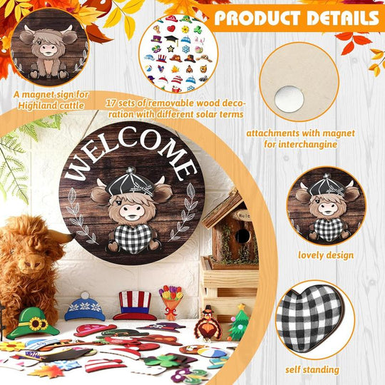 🐇 Osterangebot💥Willkommensschild mit austauschbarem Highland-Kuh-Motiv, Magnetverschluss, abnehmbare Hüte, niedliches Rinder-Anhänger