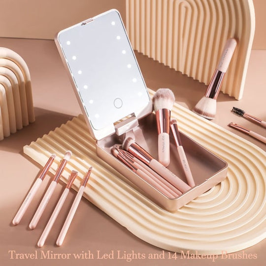 🔥 Gran venta 50% de descuento🌈Juego de brochas de maquillaje de viaje con espejo con luz LED