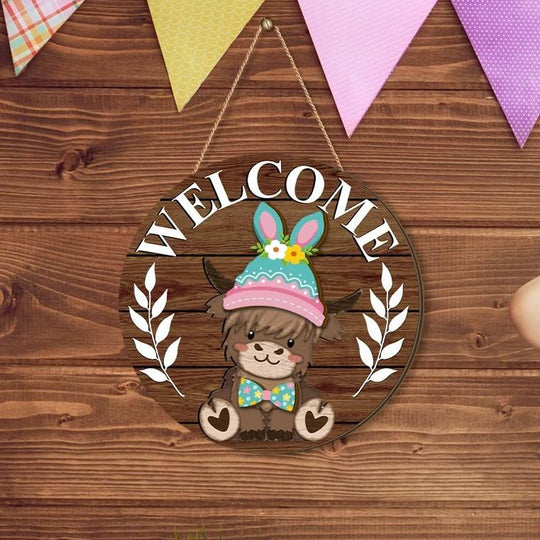 🐇 Osterangebot💥Willkommensschild mit austauschbarem Highland-Kuh-Motiv, Magnetverschluss, abnehmbare Hüte, niedliches Rinder-Anhänger
