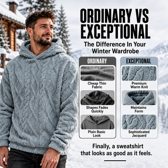 Men's Winter Fodrad Lined Hoodie Jacquard Pattern Long Sleeve Pullover Sweatshirt for Casual Outdoor Wear
