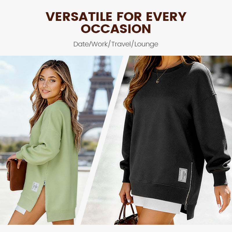 💥Winter Hot Sale 50% Off💥Long Sleeve Pullover Zipper Slit Casual Sweatshirt Dress
