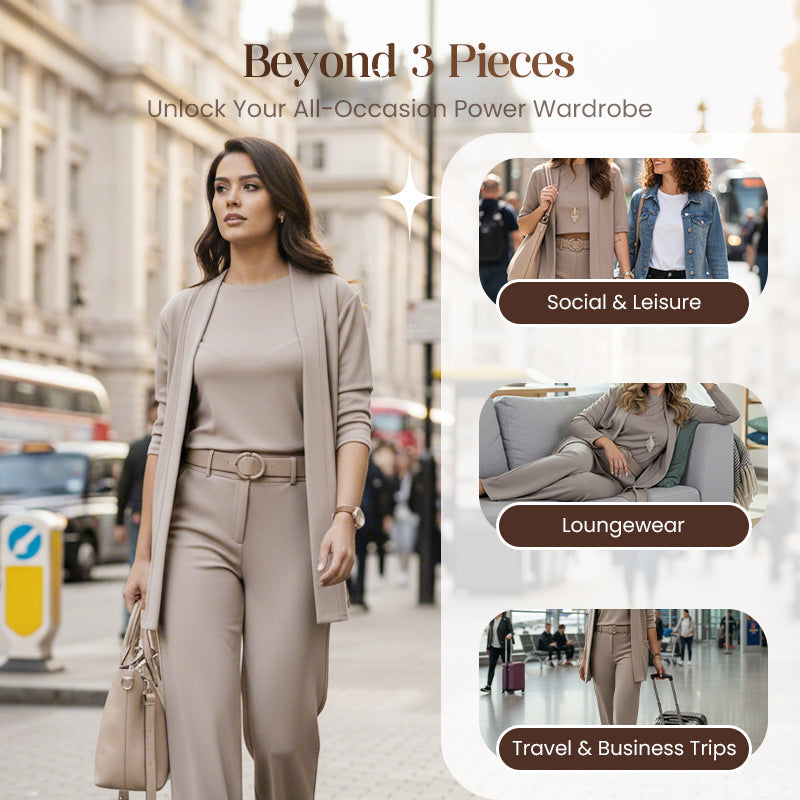 👗 Elegant Longline Cardigan 3-Piece Set – Soft Fabric, Chic Top & Pants for Office Commute & Daily Outings ✨
