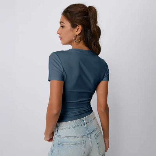 Trendy Queen Womens Deep V-Neck Tops Short Sleeve Slim Fit T-Shirts Basic Y2K Tops Bustier Corset Cami 2026