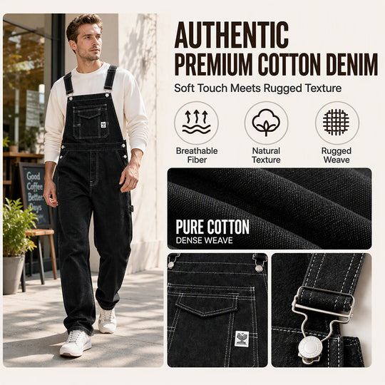 Men's Heavyweight Cotton Denim Overalls Relaxed Fit Straight Leg Dungarees with Multi Pocket Utility
