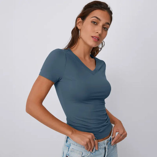 Trendy Queen Womens Deep V-Neck Tops Short Sleeve Slim Fit T-Shirts Basic Y2K Tops Bustier Corset Cami 2026
