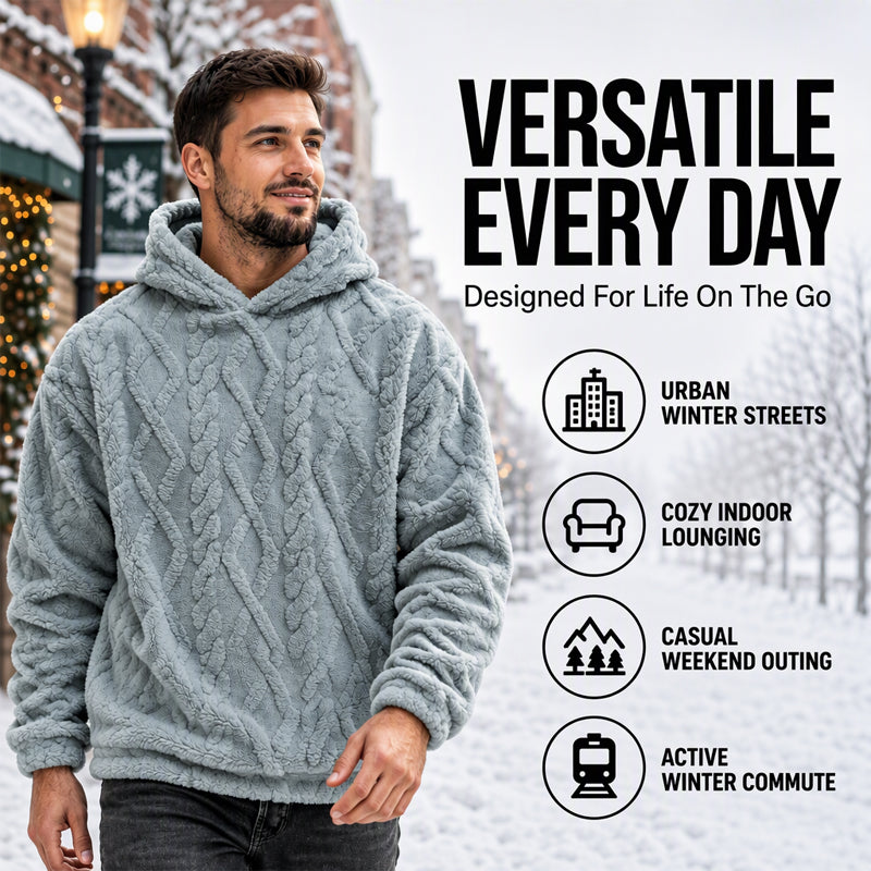 Men's Winter Fodrad Lined Hoodie Jacquard Pattern Long Sleeve Pullover Sweatshirt for Casual Outdoor Wear