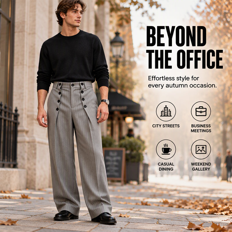 💼 Tailored Waist, Effortless Drape | Men's Double-Breasted High-Waist Pants