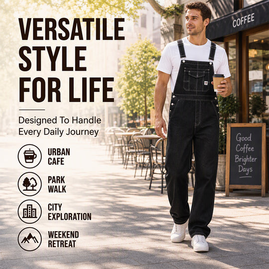 Men's Heavyweight Cotton Denim Overalls Relaxed Fit Straight Leg Dungarees with Multi Pocket Utility