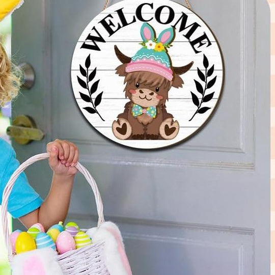 🐇 Osterangebot💥Willkommensschild mit austauschbarem Highland-Kuh-Motiv, Magnetverschluss, abnehmbare Hüte, niedliches Rinder-Anhänger