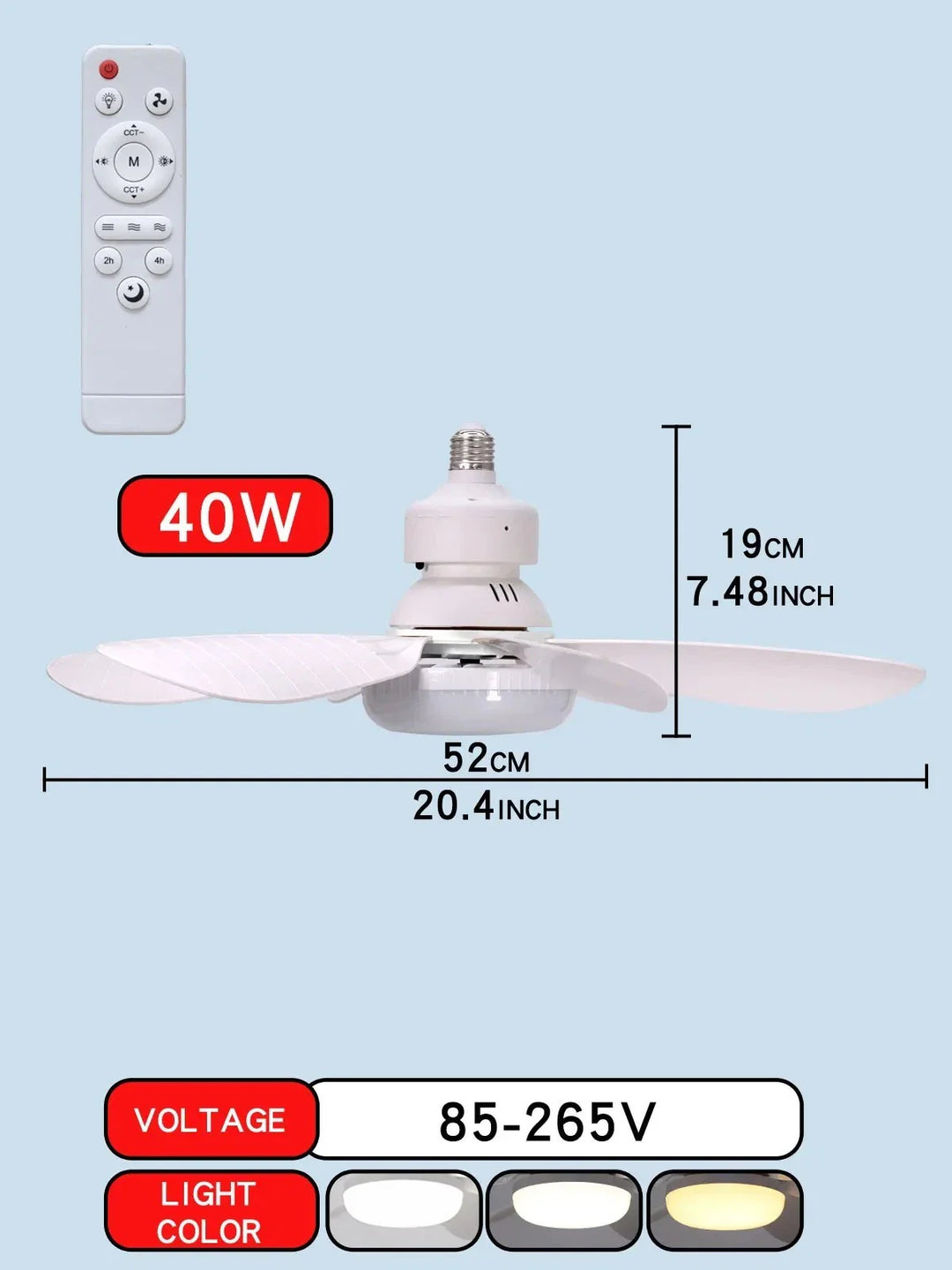 E27 LED Ceiling Fan Light with Remote 40W Dimmable 6 Blades Silent Lamp UK