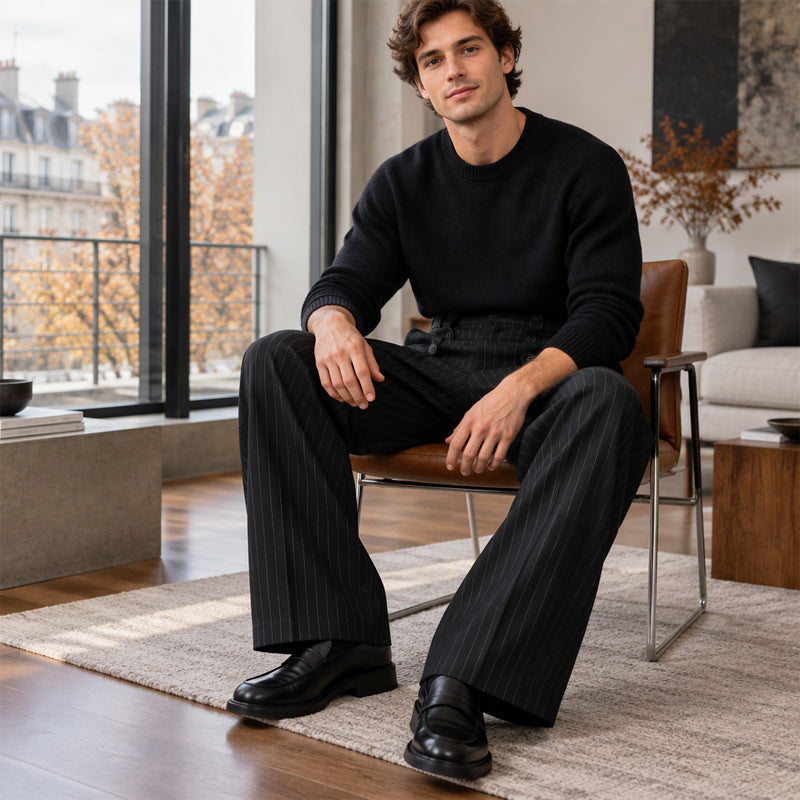 💼 Tailored Waist, Effortless Drape | Men's Double-Breasted High-Waist Pants