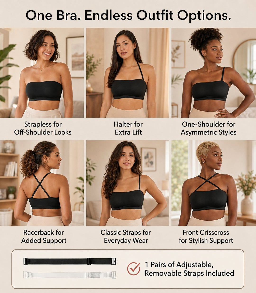 📢📢Limited-Time 40% Off ⏰️Anti-Slip Grip & Removable Straps✨Convertible Strapless Bandeau Bra with Wireless Comfort👍Suitable for All Body Types.🌹Buy 2 Get Free Shipping