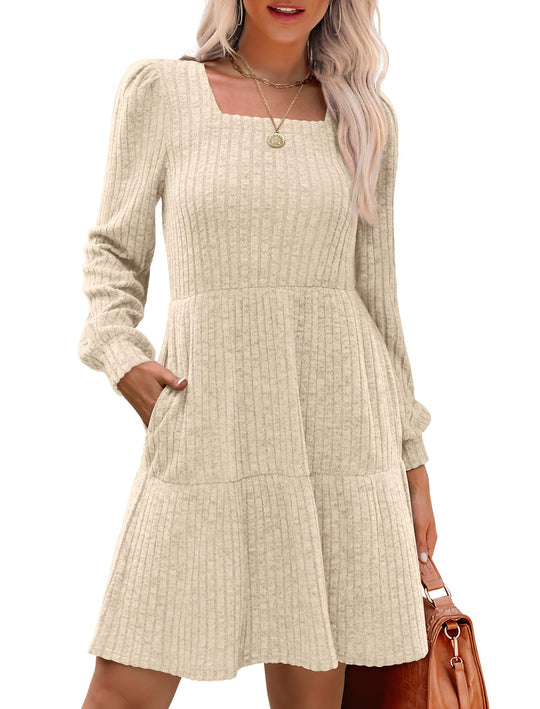🍂2025 Autumn New Style 60% OFF⏰Women's Square Neck Lantern Sleeve Ribbed Dress|Glow in Autumnal Elegance!🍁