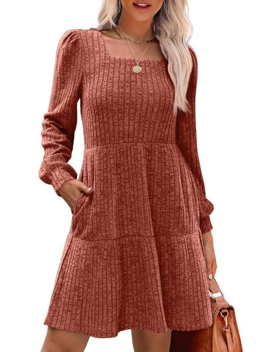 🍂2025 Autumn New Style 60% OFF⏰Women's Square Neck Lantern Sleeve Ribbed Dress|Glow in Autumnal Elegance!🍁
