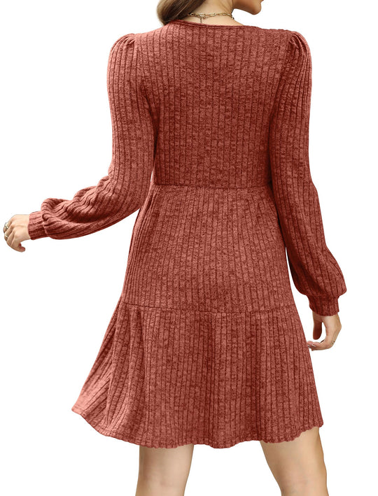 🍂2025 Autumn New Style 60% OFF⏰Women's Square Neck Lantern Sleeve Ribbed Dress|Glow in Autumnal Elegance!🍁