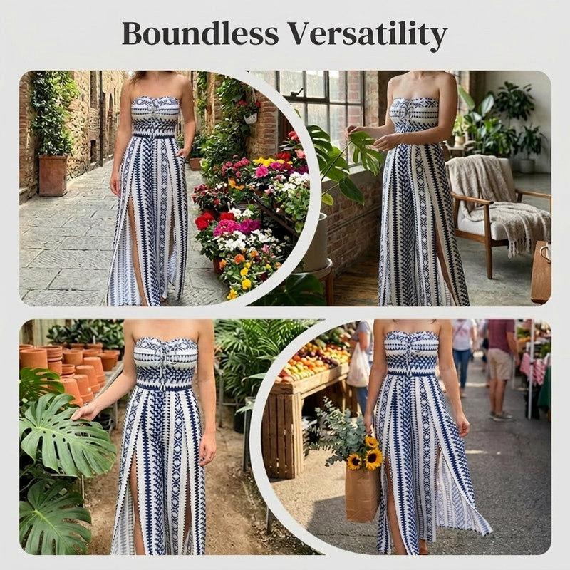 👗 50% OFF NOW! 💥 Geometric Jumpsuit with Halter Neckline & Side Slit – Unique print & elastic back – Versatile, perfect for summer parties or resort wear ✨