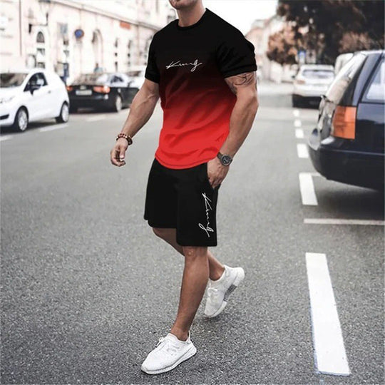 🌈👕 Men's Gradient Color 2-Piece Set – T-Shirt & Shorts, Breathable, Relaxed Fit 🩳