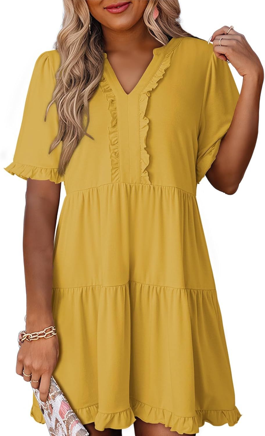 🔥🌈2026 Summer Hot Sale 49% OFF🌈Women's V Neck Ruffle Casual A-Line Flowy Swing Shift Dress