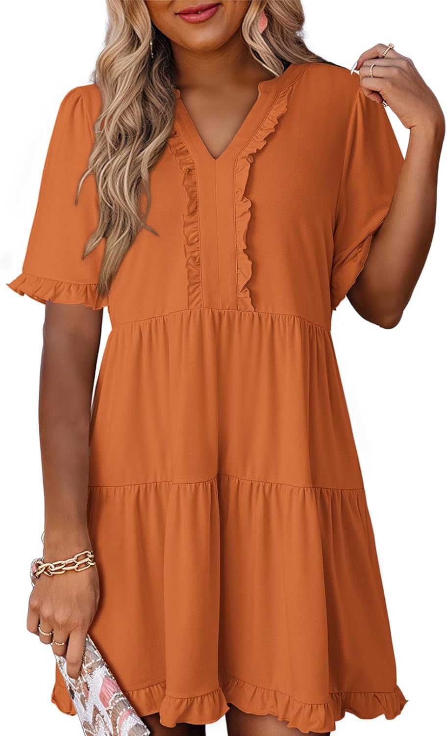 🔥🌈2026 Summer Hot Sale 49% OFF🌈Women's V Neck Ruffle Casual A-Line Flowy Swing Shift Dress
