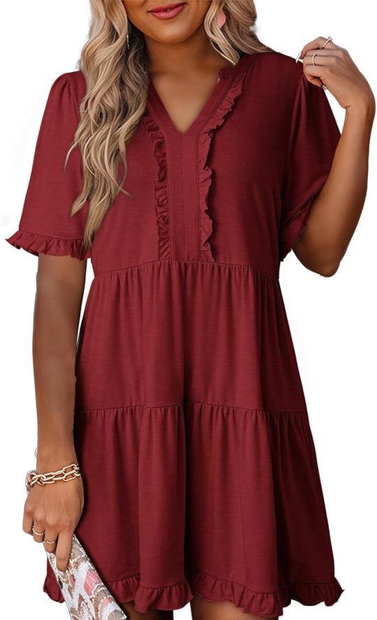 🔥🌈2026 Summer Hot Sale 49% OFF🌈Women's V Neck Ruffle Casual A-Line Flowy Swing Shift Dress