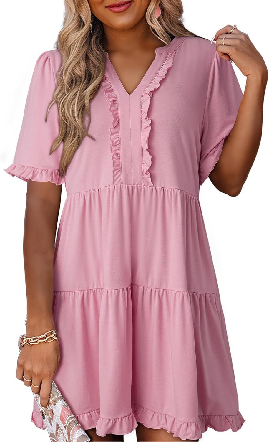🔥🌈2026 Summer Hot Sale 49% OFF🌈Women's V Neck Ruffle Casual A-Line Flowy Swing Shift Dress
