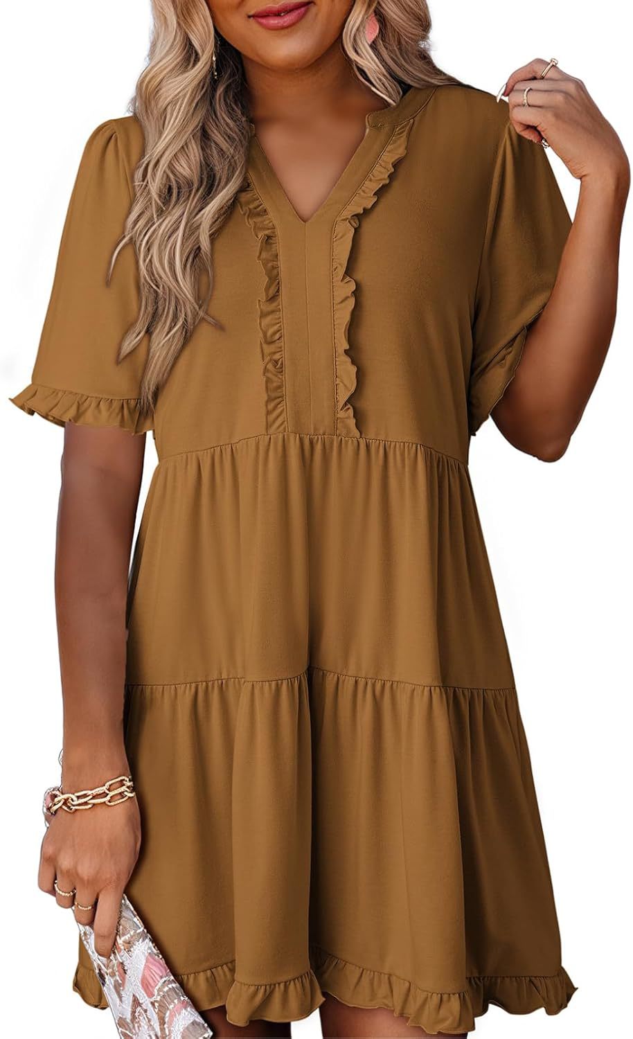 🔥🌈2026 Summer Hot Sale 49% OFF🌈Women's V Neck Ruffle Casual A-Line Flowy Swing Shift Dress