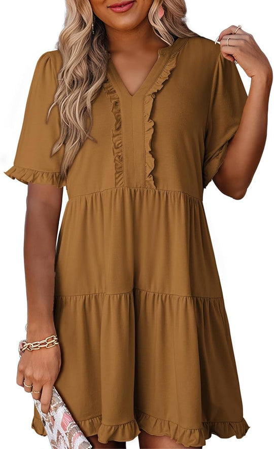 🔥🌈2026 Summer Hot Sale 49% OFF🌈Women's V Neck Ruffle Casual A-Line Flowy Swing Shift Dress