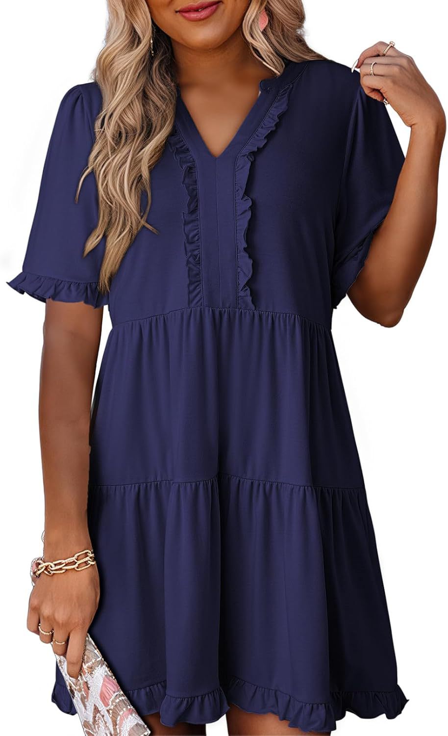 🔥🌈2026 Summer Hot Sale 49% OFF🌈Women's V Neck Ruffle Casual A-Line Flowy Swing Shift Dress