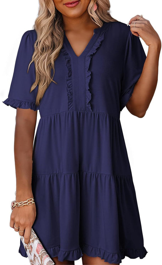 🔥🌈2026 Summer Hot Sale 49% OFF🌈Women's V Neck Ruffle Casual A-Line Flowy Swing Shift Dress