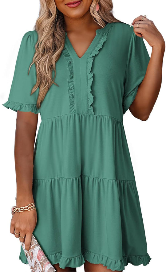 🔥🌈2026 Summer Hot Sale 49% OFF🌈Women's V Neck Ruffle Casual A-Line Flowy Swing Shift Dress