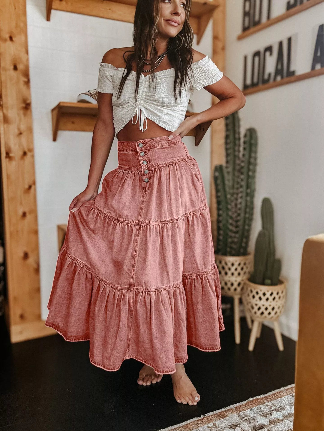 👗 LIMITED-TIME 50% OFF! ✨ Denim Maxi Skirt – High Waist, Tiered, A-Line, Button Front ✨