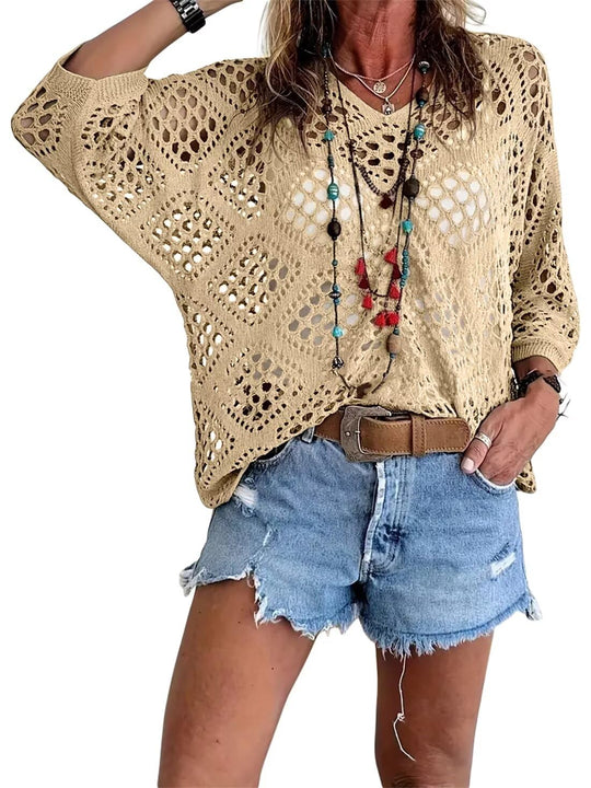 ⏰Last day sale 20% OFF🔥Hot Sale-Womens Bohemian-Inspired Beige Crochet Top with V-Neck