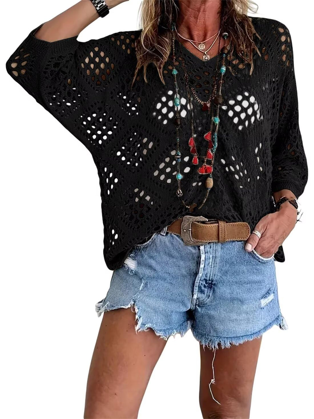 ⏰Last day sale 20% OFF🔥Hot Sale-Womens Bohemian-Inspired Beige Crochet Top with V-Neck